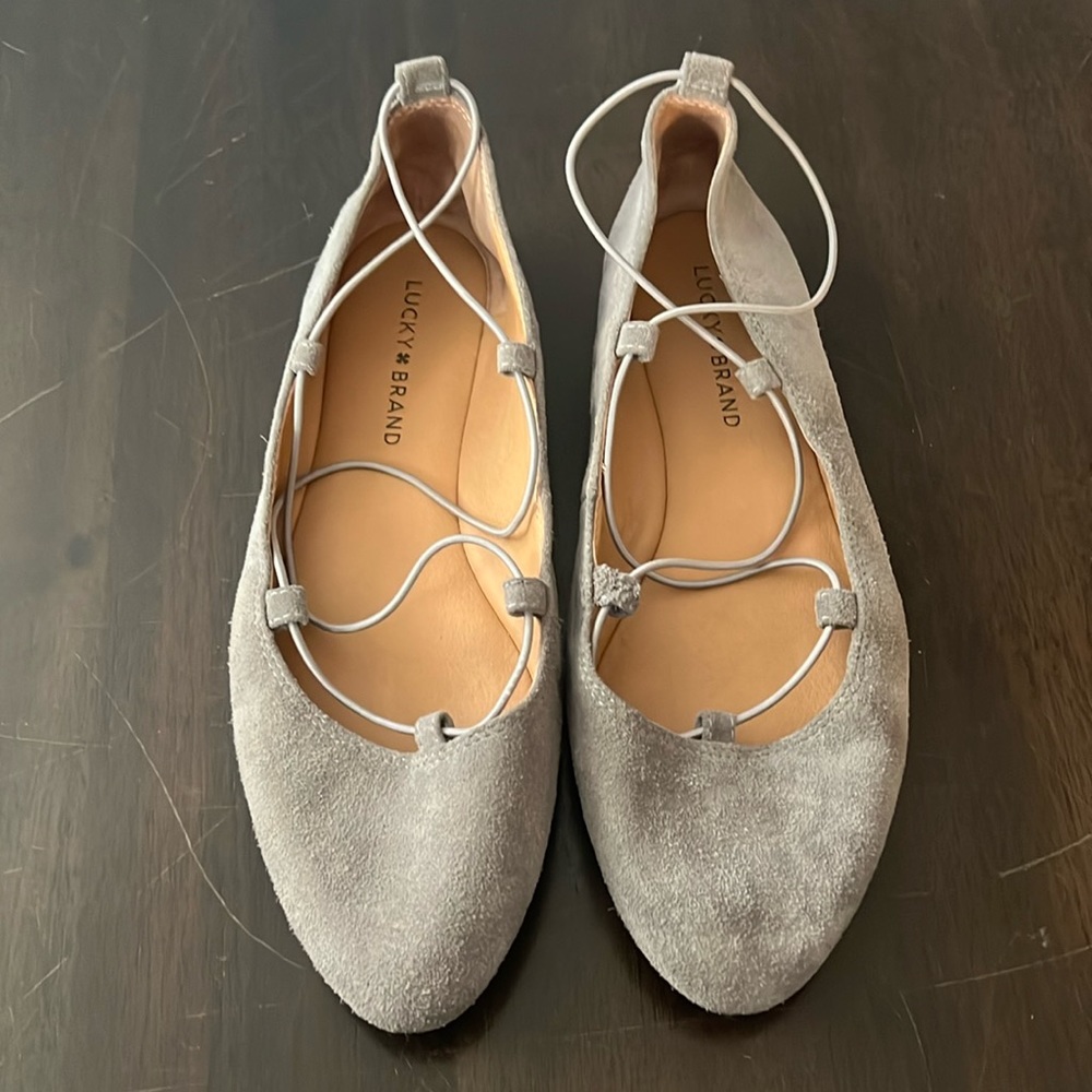 Lucky Brand Women's Size 9 M / 39 Gray  Aviee Lace-Up Ballet Flats Suede Shoes